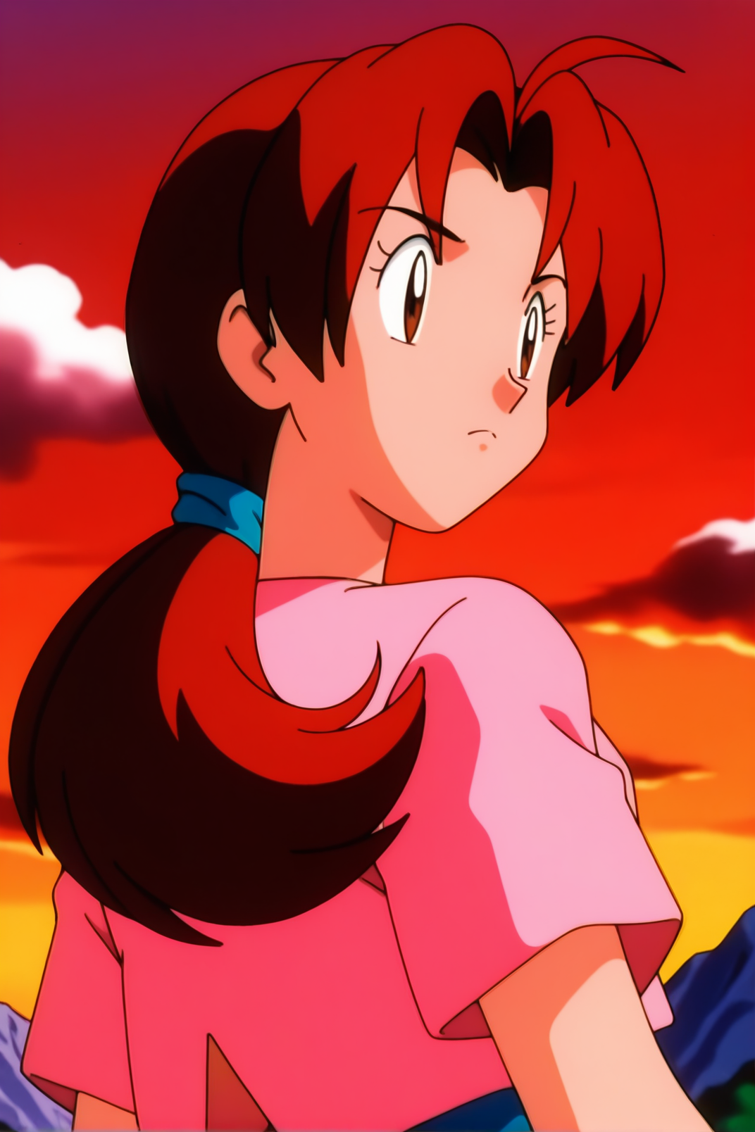 retro artstyle, 1990s \(style\), pokemon \(classic anime\), deliaca, 1girl, solo, long hair, shirt, brown hair, closed mouth, brown eyes, upper body, ponytail, short sleeves, outdoors, red hair, sky, looking back, cloud, from behind, parted bangs, eyelashes, frown, pink shirt, sunset, serious, mountain, hair tie, retro artstyle, 1990s (style), twilight, gradient sky, orange sky, red sky, anime coloring, delia ketchum
<lora:Delia_Ketchump_Classic_Anime:1>