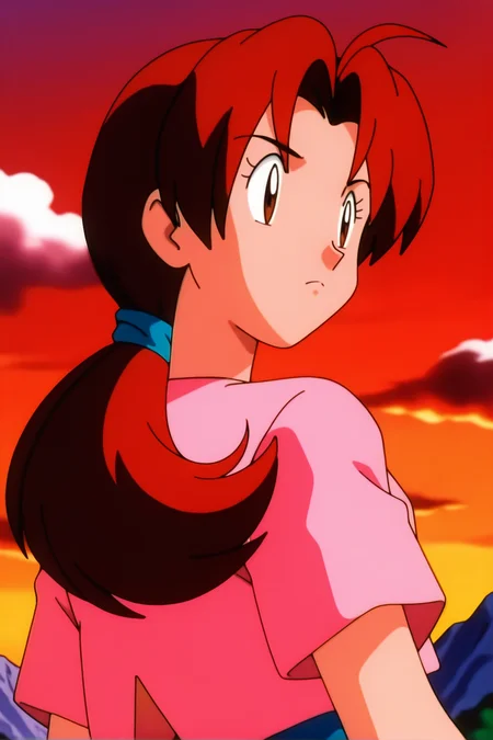 retro artstyle, 1990s \(style\), pokemon \(classic anime\), deliaca, 1girl, solo, long hair, shirt, brown hair, closed mouth, brown eyes, upper body, ponytail, short sleeves, outdoors, red hair, sky, looking back, cloud, from behind, parted bangs, eyelashes, frown, pink shirt, sunset, serious, mountain, hair tie, retro artstyle, 1990s (style), twilight, gradient sky, orange sky, red sky, anime coloring, delia ketchum
<lora:Delia_Ketchump_Classic_Anime:1>