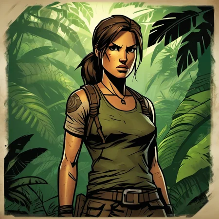 tomb raider, lara croft, masterpiece, beautifull, dark jungle background, serious focus face, mini-short brown, green top, high-definition 8k, comicish artwork in dgst artstyle