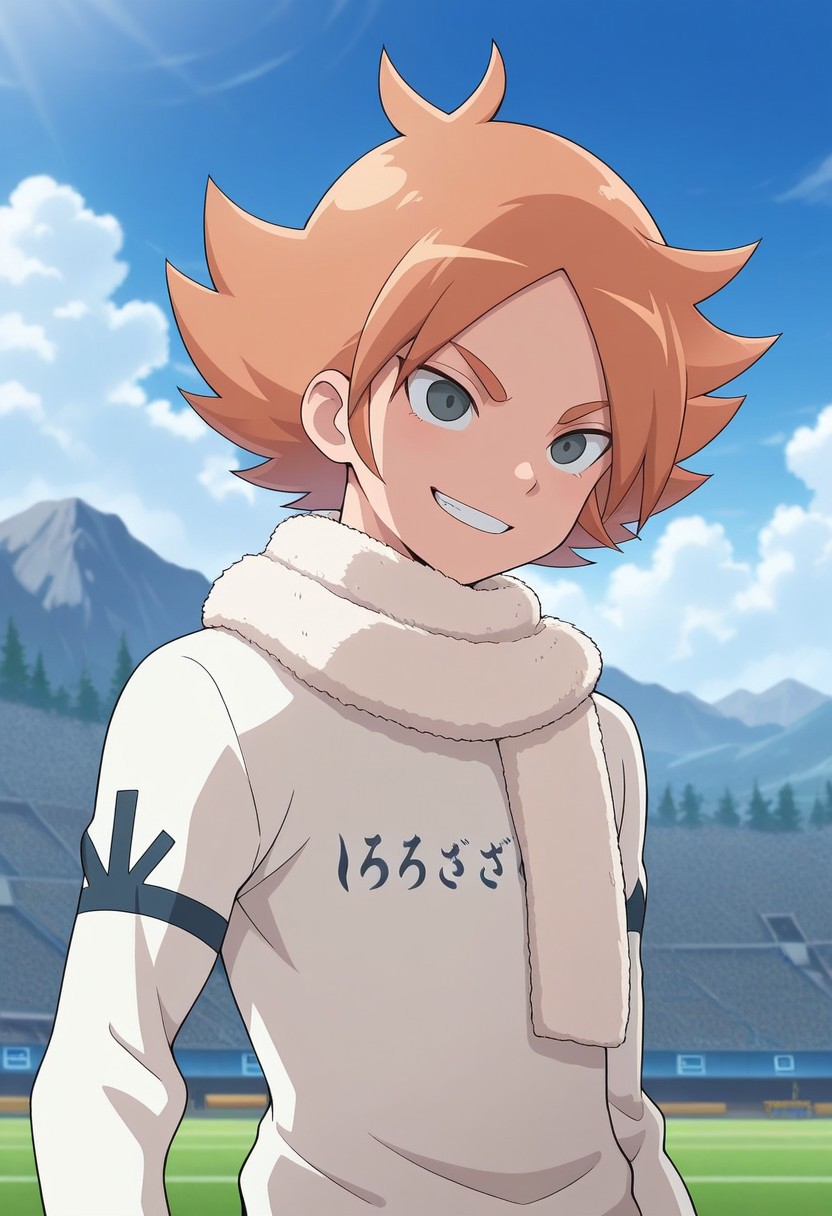 masterpiece,best quality,amazing quality, source_anime, 
FubukiAtsuya, 1boy, male focus, solo, grey eyes, orange hair, scarf, white scarf, alpine soccer unifor, shirt, white shirt, smile, grin,
outdoor, sky, day, clouds,