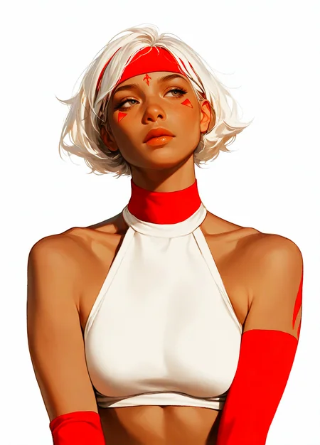 score_9, score_8_up, score_7_up, realistic, (NSFW:1.05),
masterpiece, best quality, amazing quality, highres, absurdres, very aesthetic, very awa,expert shading, ultra detailed, UHD, 8K,
BREAK, 
3l3ganc3, semi-realism, 1girl, solo, breasts, tattoo, white hair, short hair, dark-skinned female, white background, dark skin, freckles, halterneck, lips, modern white top, upper body, simple background, medium breasts, facial mark, looking to the side, looking away, red tribal forehead mark, medium breasts, bare shoulders, red tribal arm tattoo, closed mouth, nose, choker, collarbone, headband <lora:ponyv6_noobV1_2_adamW-000017:0.45> <lora:Elegence_Niji:0.75>