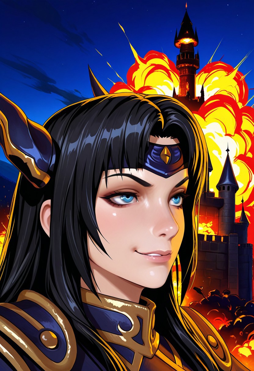 MASTERPIECE, AMAZING QUALITY, 1GIRL, SOLO, MEME, PARODY, R0Z3, PORTRAIT, BLACK HAIR, BLUE EYES, JACKET, HORNS, HEADBAND, NIGHT, SMIRK, BURNING CASTLE, EXPLOSION, SCENERY