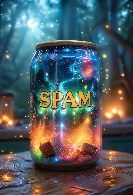 An bioluminescent can of spam sitting on a kitchen table, colorful, glowing, bio-luminescence, misty enchanted forest, cosmic background, close-up