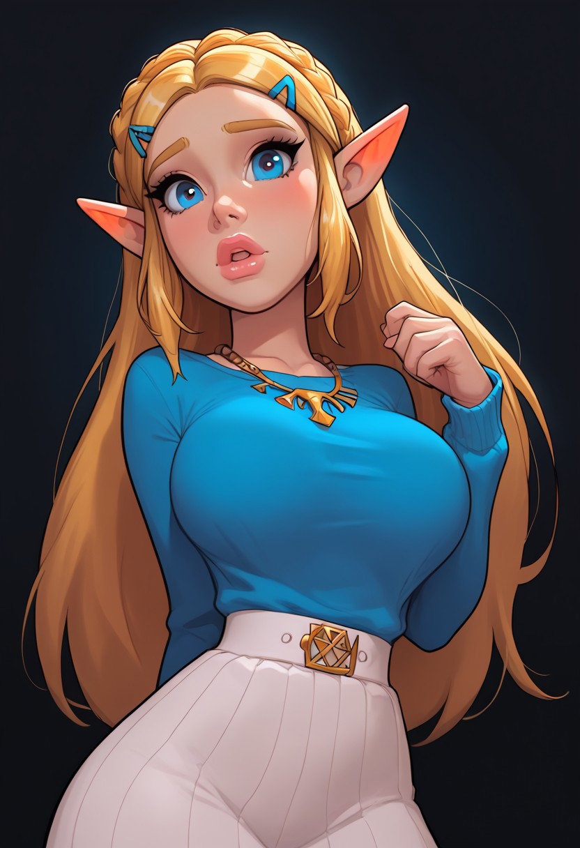 embedding:urn:air:sd1:embedding:civitai:222256@250708, high detail:1.2, Smooth, sharp lines, score_9_up, score_8_up, uncensored, detailed, masterpiece, super cute style, (upper body portrait) 1woman, Princess Zelda, Jabstyle, blonde hair, overtly sexual, sexual invitation, uniquely beautiful face, solo, long hair, candid, below view,  deep cinematic shadows, dynamic enticing pose, ((shy expression)), incredible fit body, bimbo body, LARGE breasts, blue sweater, gold necklace,  long hair, blue eyes, glossy lips, full lips, extremely aroused, ((sexually aroused))