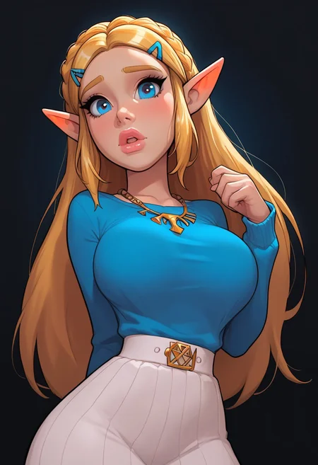 embedding:urn:air:sd1:embedding:civitai:222256@250708, high detail:1.2, Smooth, sharp lines, score_9_up, score_8_up, uncensored, detailed, masterpiece, super cute style, (upper body portrait) 1woman, Princess Zelda, Jabstyle, blonde hair, overtly sexual, sexual invitation, uniquely beautiful face, solo, long hair, candid, below view, deep cinematic shadows, dynamic enticing pose, ((shy expression)), incredible fit body, bimbo body, LARGE breasts, blue sweater, gold necklace, long hair, blue eyes, glossy lips, full lips, extremely aroused, ((sexually aroused))
