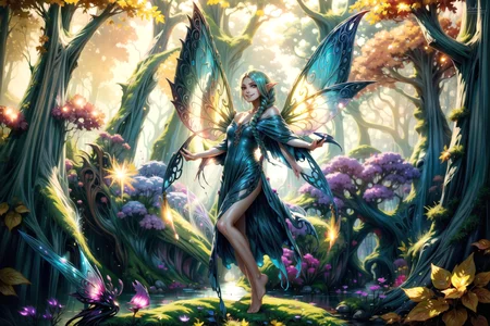 <lora:FeyAndFairies:1> FeyFa, sinister fantasy, scene, forest, river, trees, sun rays, <lora:Fairy:1> fairy, wings, long hair, pointy ears, bare legs, barefoot, sheer dress, off shoulder, smile, braid, best quality, masterpiece, <lora:more_details:0.65>, 1girl, solo