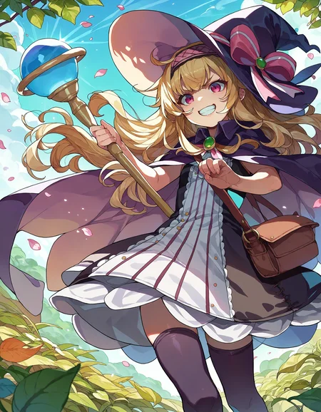 score_9, score_8_up, score_7_up, source_anime, detailed,
1girl, nobeta \(main\), witch, hat bow, black thighhighs,
holding staff, grin, v-shaped eyebrows, wind, nature, sunlight, leaf, petals
<lora:char_nobeta-pony-rls:1>