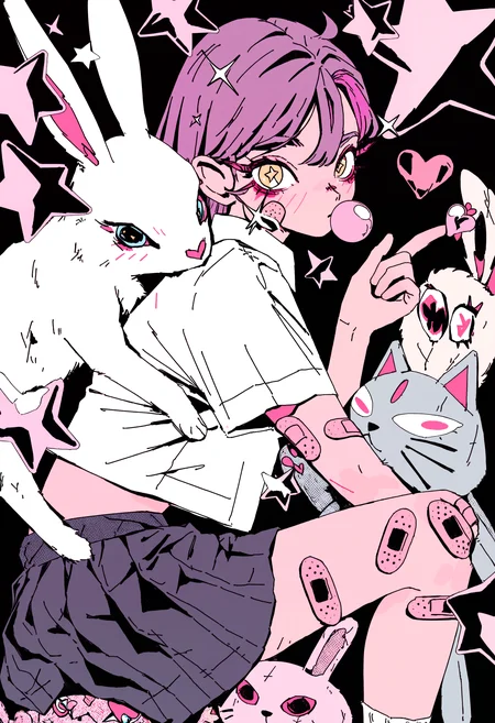 masterpiece, absurdres, newest, very awa, limited palette, pink theme, 1girl, solo, purple hair, star-shaped pupils, long eyelashes, white shirt, collared shirt, short sleeves, midriff, miniskirt, pleated skirt, bandaid on cheek, bandaid on leg, angle wings, stuffed animal, rabbit, cat, star \(symbol\), sparkle, black background, finger heart, chewing gum, from side, looking at viewer, looking back, <lora:spo_sdxl_10ep_4k-data_lora_webui>, <lora:TA_trained:0.35>, <lora:NOOB_EPSv1_1_detailer_by_vlnvk_v0_5>, <lora:Arkestar:0.9>