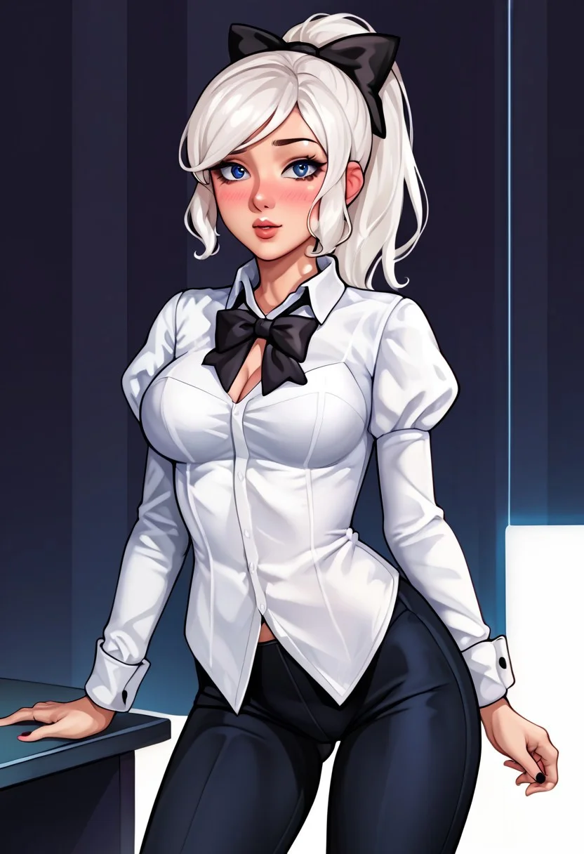 score_9, score_8_up, score_7_up, score_6_up, score_5_up, score_4_up, source_cartoon, <lora:confetti-extract- ponyxl:0.85>, detailed eyes, easynegative, rating_explicit, Expressiveh, 1girl, solo,
Geraldine, shirt, long sleeves, white shirt, white hair, ponytail, sidelocks, thighs, hair bow, collared shirt, pants, puffy sleeves, bowtie, black eyes,  wrist cuffs, black bow, dress shirt, swept bangs, black pants,  high ponytail, juliet sleeves,  black bowtie,  sleeve cuffs, traditional bowtie, necktie, big breasts, blush, shy, greatm8 style