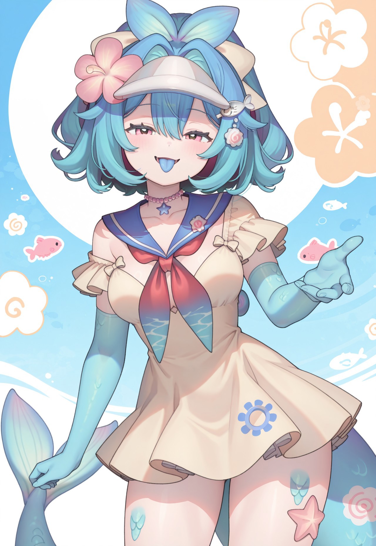 masterpiece, best quality,
lazuli, 1girl, blue hair, hair bow, yellow bow, pink eyes, short hair, wide ponytail, medium breasts, fish tail, blue scales, head fins, visor cap, fish hair ornament, hair flower, pearl choker, sailor dress, yellow dress, single off shoulder, neckerchief, blue arms, blue hands, open mouth, tongue out, smile, half-closed eyes, cowboy shot, foreshortening, looking at viewer, 
