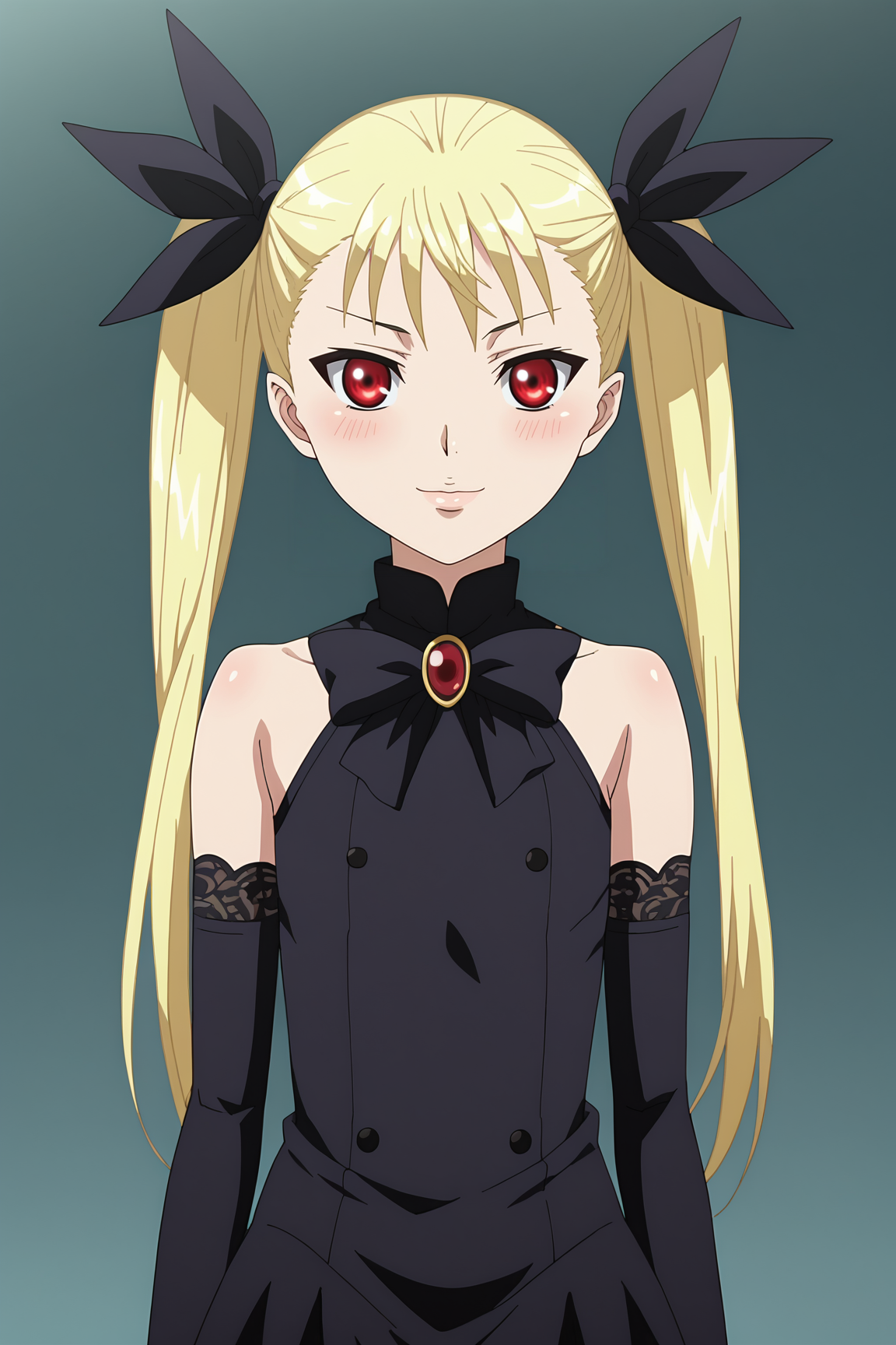 score_9, score_8_up, score_7_up, source anime, prefect lighting, very aesthetic, BREAK, anime screencap, anime coloring,
<lora:mina_tepes_v1:1>, 1girl, mina tepes, dance in the vampire bund, blonde hair, red eyes, flat chest, hair ribbon, twintails, elbow gloves, black dress, brooch, bare shoulders, 
BREAK, looking at viewer, light smile, blush, cowboy shot, 
BREAK,