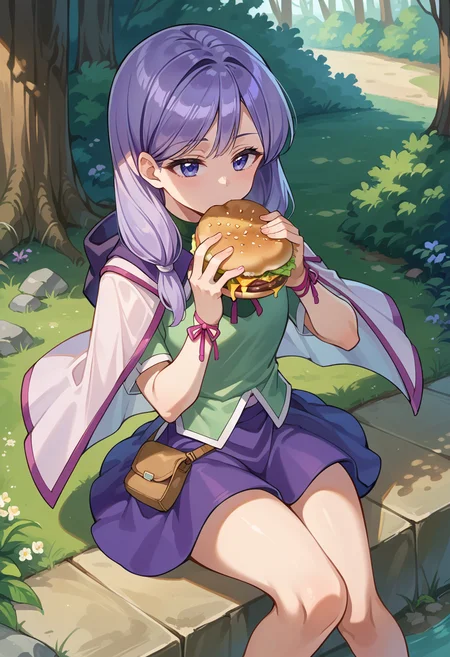 score_9, score_8_up, score_7_up, source_anime, 1girl, solo, forest, eating, eating burger, wariza, from above,
BREAK expressionless, <lora:IlyanaPoRXL:1> ilyanaPoR, lavender hair, bangs, lavender eyes, miniskirt, purple skirt, green shirt, short sleeves, pink capelet, ribbon, circlet