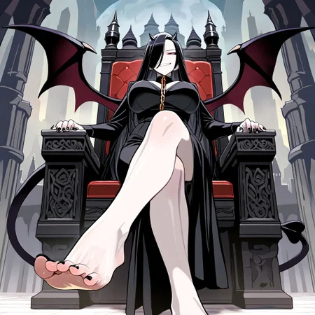 1girl, big woman, tall woman, pale skin, black hair, succubus, smirk, straight black hair, small horns, demon wings, spaded tail, chains over breasts, chains over crotch, bare hands, bare feet, black fingernails, black toenails, sitting on throne, legs crossed, feet focus, masterpiece, best quality, high quality, castle background