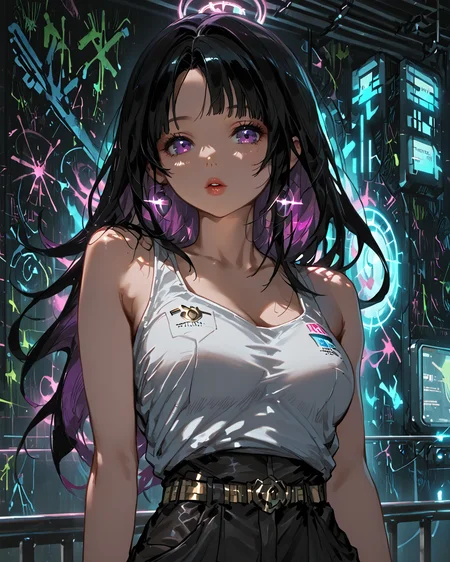 PonyScores7, source_anime, ah1, <lora:natsumi_style:1>, BREAK 1girl, lips, <lora:venus body PonyXL:0.4>, (Delight), (Standing near a railing or fence holding it with both hands gazing ahead,), (Virtual Reality Arcade, Darkened arcade filled with glowing VR pods, futuristic arcade cabinets, players immersed in virtual worlds, neon graffiti adorning the walls, the sound of digital gunfire echoing throughout the space), looking at viewer, (<lora:Chitanda_Eru:0.8> chitanda eru,purple eyes,black hair,long hair,big breast,), BREAK <lora:xl_more_art-full_v1:0.2>, <lora:shinyskin2:0.2> glistening skin, <lora:aesthetic_anime_v1s:0.2>, <lora:Expressive_H:0.2> Expressiveh, <lora:hairdetailpxl:0.2> hairdetailpxl, <lora:EpicF4nta5yXL:0.2>, <lora:detailxl:0.2> detailxl, <lora:Fant5yP0ny:0.2>, best quality, amazing quality, best aesthetic, absurdres, <lora:expressive eyes:0.2> expressive eyes, <lora:eyedetailpxl:0.2> eyedetailpxl, illustration, Volumetric_Lighting, ultra-detailed, very aesthetic, intricate details, 8k, masterpiece, best_quality, BREAK (Close shot (focus on waist)), BREAK <lora:Eyes_High_Definition:0.3> EyesHD, Stable_Yogis_PDXL_Positives, AS-Adult, <lora:Complicated fantasy portrait - XL Pony V2.0:0.4>, bad-hands-5,