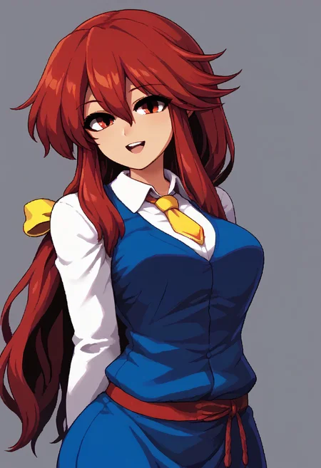 score_9, score_7_up, source_anime, source_cartoon, source_explicit, BREAK, colorful, aesthetic, illustration, kotohime (touhou), long hair, red hair, red eyebrows, hair between eyes, bangs, sidelocks, low-tied long hair, tied hair, low ponytail, hair ribbon, yellow ribbon, red eyes, breasts, white shirt, collared shirt, long sleeves, yellow necktie, blue vest, brown belt, blue skirt, hands behind back, open mouth, smile, teeth, simple background, looking at viewer, facing viewer, standing in front of viewer, standing