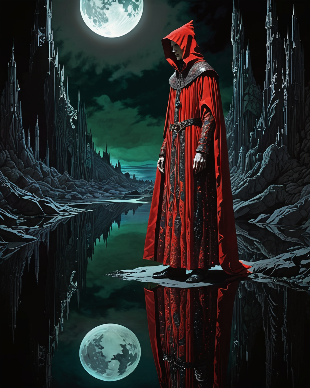 Guard wearing a scarlet robe, water, reflections, transparency, aspiring, vivid color, Mordor: A dark and evil land ruled by the dark lord Sauron, Harry Clarke,  volumetric lighting, <lora:add-detail-xl:1>, <lora:xl_more_art-full_v1:0.8>