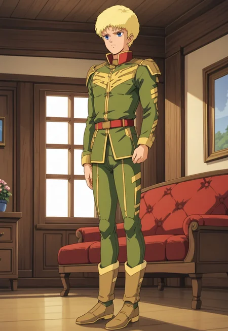 score_9, score_8_up, score_7_up, source_anime, cowboy shot, side view, BREAK, ( glemy_toto, blue eyes, blonde hair, best eyes, looking to the side, zeon outfit, front view, full body, ) 1boy, male focus, solo, BREAK, mansion, living room,
