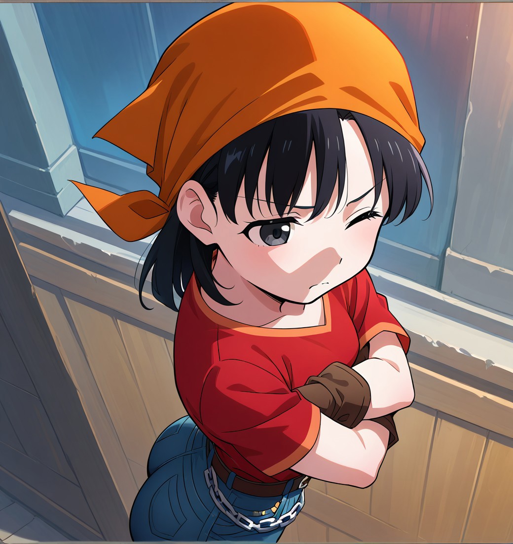 (<The-killer-wc_artist>) short black hair, black eyes, one eye opened, one eye half closed, orange bandana, red shirt, gloves,tight jean pants, belt, chain, hands on hips, small_breasts, medium size ass, side view, arms crossed,