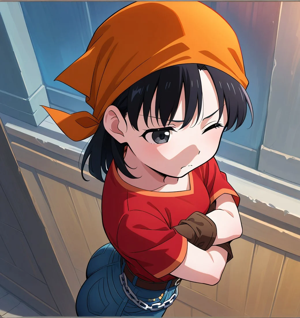 (<The-killer-wc_artist>) short black hair, black eyes, one eye opened, one eye half closed, orange bandana, red shirt, gloves,tight jean pants, belt, chain, hands on hips, small_breasts, medium size ass, side view, arms crossed,