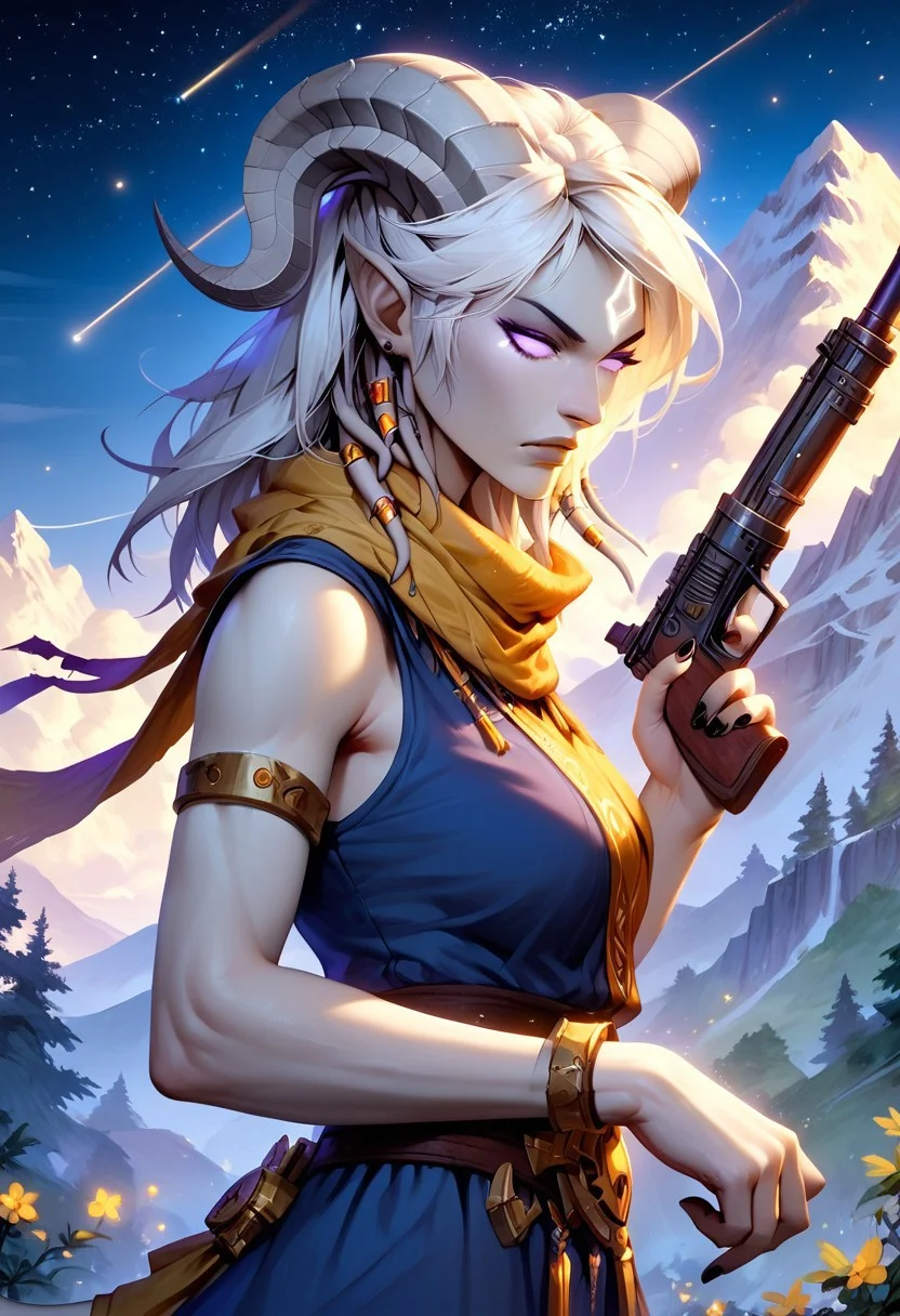 masterpiece, score_9, score_8_up, score_7_up, score_6_up, world of warcraft, detailed face,
outdoor, mountains, night, stars,
(female, mature, draenei, h0rns, ram horns, white horns, athletic arms, pale white skin, long white hair, four fingers, one thumb, black nail polish), (purple eyes), stern face, stern look,
(long loose blue dress, simple armlet, yellow silk scarf), GunMonk, shotgun,
side view