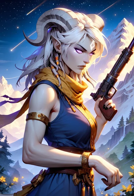 masterpiece, score_9, score_8_up, score_7_up, score_6_up, world of warcraft, detailed face,
outdoor, mountains, night, stars,
(female, mature, draenei, h0rns, ram horns, white horns, athletic arms, pale white skin, long white hair, four fingers, one thumb, black nail polish), (purple eyes), stern face, stern look,
(long loose blue dress, simple armlet, yellow silk scarf), GunMonk, shotgun,
side view