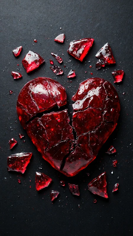 high-resolution photograph capturing a broken red heart-shaped object against a dark, textured surface. The heart is made of a smooth, transparent red material that resembles glass or crystal, with sharp, jagged edges and numerous cracks running through it. The broken pieces of the heart are scattered around the object, some lying flat on the surface and others slightly raised, creating a sense of disarray and destruction. The background is a dark, almost black, matte surface with a slightly rough texture, adding depth and contrast to the image. Small water droplets are scattered across the surface, enhancing the sense of wetness and fragility. The lighting in the photograph is soft but directional, highlighting the smooth, reflective surfaces of the heart pieces and casting subtle shadows that accentuate the cracks and edges. The overall mood of the image is one of heartbreak and loss, with the broken heart symbolizing emotional pain and the shattered pieces symbolizing the fragments of a broken heart. ,aidmaimageupgrader, aidmaMJ6.1 <lora:aidmaMJ6.1-FLUX-v0.5:0.7> <lora:aidmaImageUprader-FLUX-v0.3:0.4>