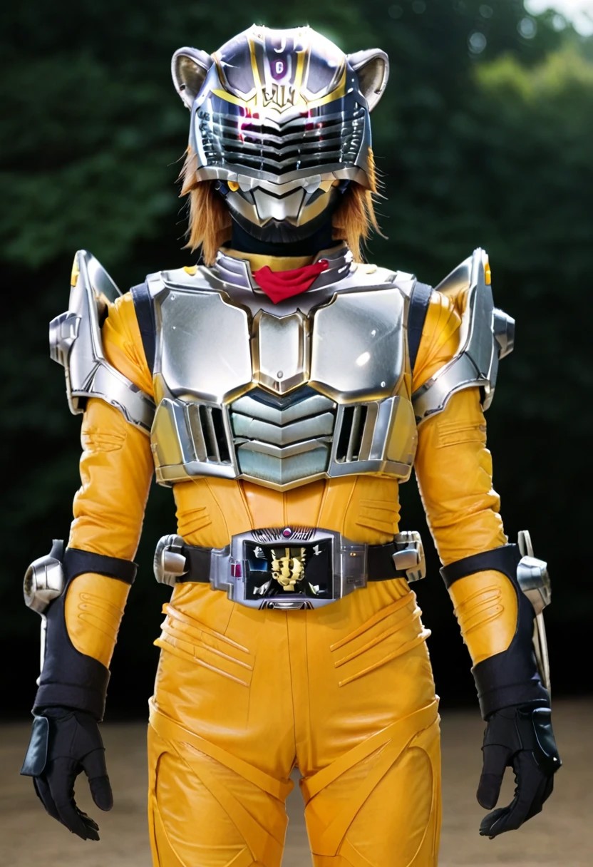 solo, lion, yellow bodysuit, silver armor, helmet, tokusatsu, rider belt