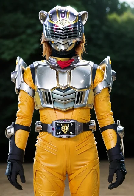 solo, lion, yellow bodysuit, silver armor, helmet, tokusatsu, rider belt