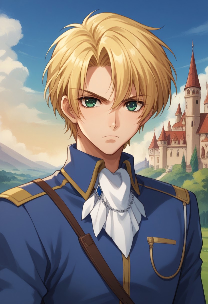 score_9, score_8_up, score_7_up, source_anime, highly detailed, 
wolfram, 1boy, solo, male focus blonde hair, uniform, green eyes, military, 
military uniform, ascot, looking at viewer, slender, skinny, frown
outdoor, medieval, castle, sky,