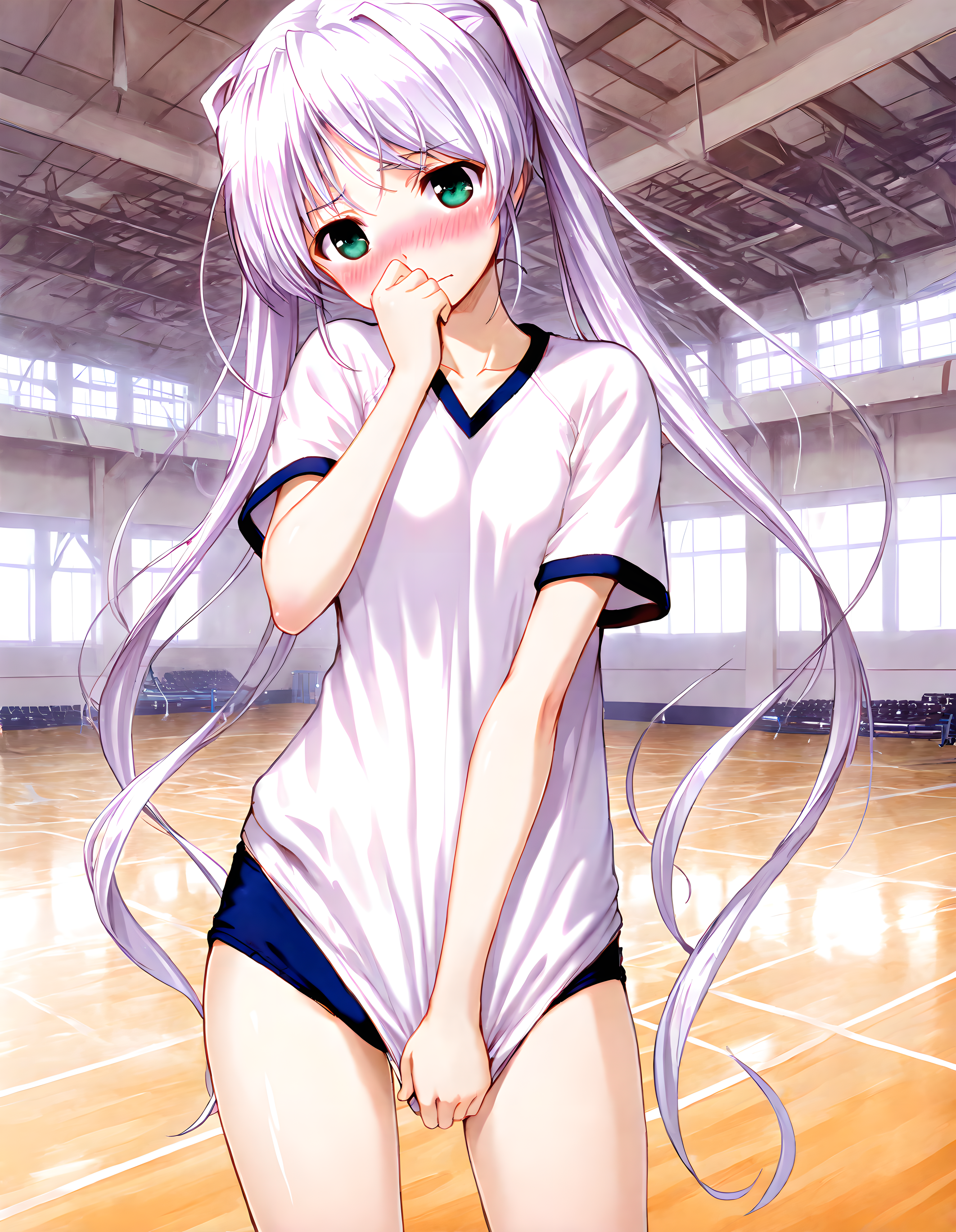 <lora:illustrious_XL_shiro:0.8>,shiro,masterpiece,best quality,good quality,1girl,solo,gym uniform,short sleeves,blue buruma,gymnasium,collarbonea,standing,shirt tug,covering crotch,hand to own mouth,hand up,head tilt,embarrassed,blush,closed mouth,body line,fine_fabric_emphasis,wrinkling of clothes,