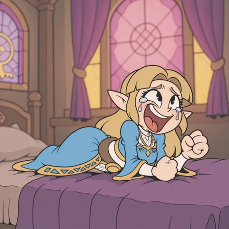 masterpiece, best quality, amazing quality, very aesthetic, absurdres, newest, RetroXL, toon \(style\), flat color, black eyes, solo, female, princess, zelda, blue dress, on stomach, on bed, laughing, crying, balled fist, holding stomach, stained glass window, purple curtains, gold trim, (blurry background), <lora:RetroToonXL_Style:1>