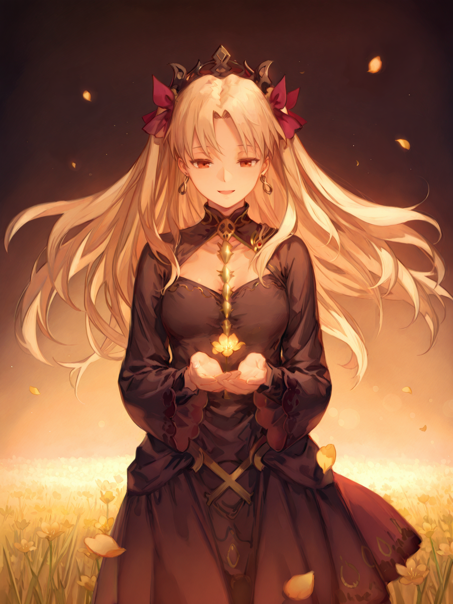 (masterpiece, best quality, very aesthetic, absurdres, highres:1.2), dramatic lighting, dark interior, (eresh1st, 1st_dress, eresh_hair_ribbon, eresh_earrings, Ereshkigal, fate grand order), <lora:illustriousXL_stabilizer_v1.7:1>, 1girl, solo, iconic scene, cinematic, particle effects, holding glowing flower, vignette, <lora:NOOB_vp1_detailer_by_volnovik_v1:1>, painterly style,  <lora:anmiXLillokrV53P1:0.5>,  <lora:reikolokr_for_illustrious:0.4>,  <lora:10_AESTX:0.4> aestx, brushstroke \(medium\), <lora:an94:1>, depth of field, bokeh, simple gradient background, blurred background, , <lora:Eresh:0.8>, smiling, field of yellow flowers, petals blown upwards by wind,