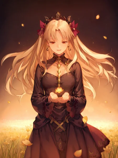 (masterpiece, best quality, very aesthetic, absurdres, highres:1.2), dramatic lighting, dark interior, (eresh1st, 1st_dress, eresh_hair_ribbon, eresh_earrings, Ereshkigal, fate grand order), <lora:illustriousXL_stabilizer_v1.7:1>, 1girl, solo, iconic scene, cinematic, particle effects, holding glowing flower, vignette, <lora:NOOB_vp1_detailer_by_volnovik_v1:1>, painterly style,  <lora:anmiXLillokrV53P1:0.5>,  <lora:reikolokr_for_illustrious:0.4>,  <lora:10_AESTX:0.4> aestx, brushstroke \(medium\), <lora:an94:1>, depth of field, bokeh, simple gradient background, blurred background, , <lora:Eresh:0.8>, smiling, field of yellow flowers, petals blown upwards by wind,