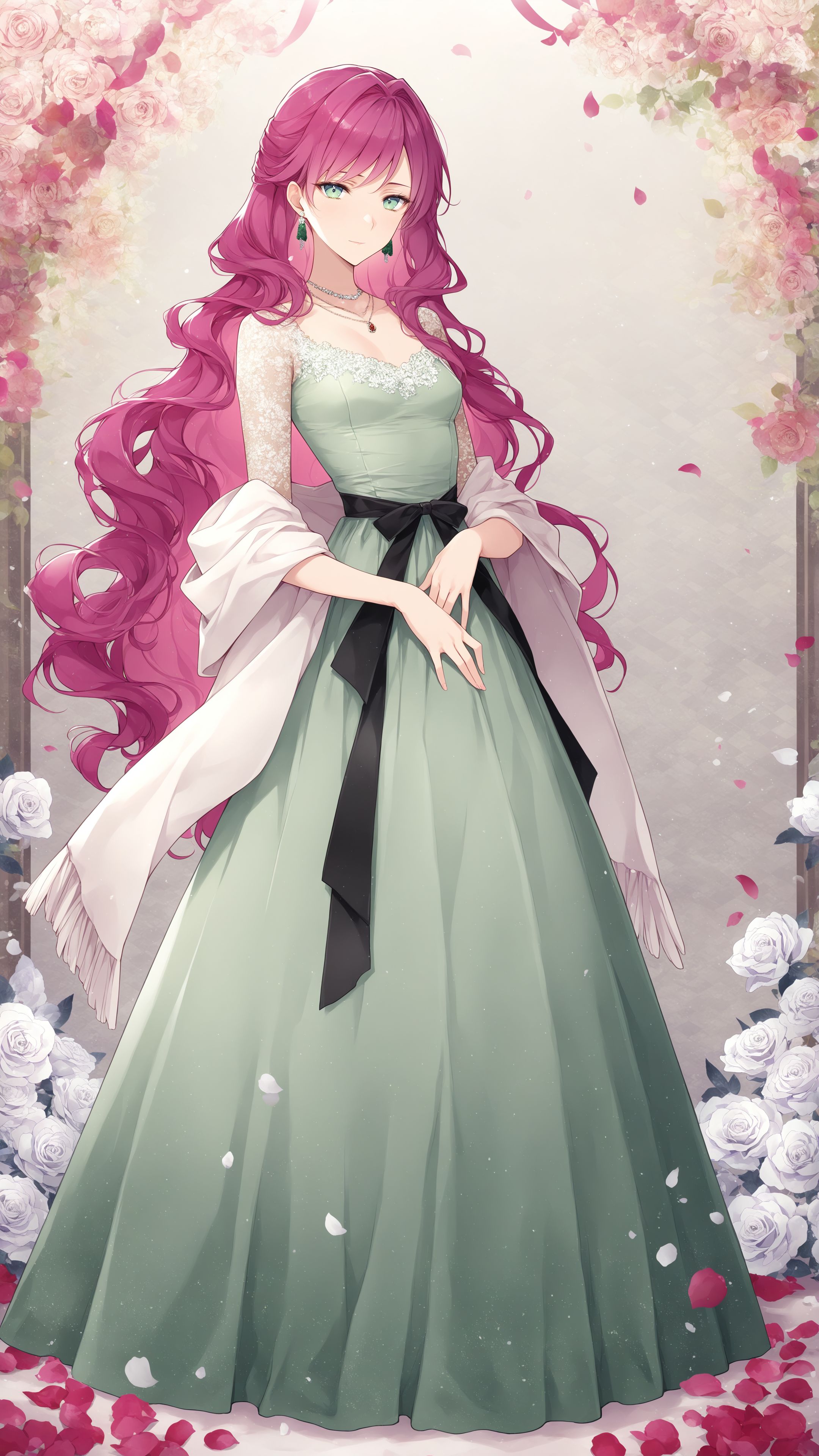masterpiece, amazing quality, best quality, penelope eckhart, 1girl, small breasts, mature female, pink hair, green eyes, bangs, wavy hair, long hair, full body, standing, shawl, abstract background, petals, flower, white rose, green dress, ribbon, earrings, necklace, light smile, <lora:penelope_eckhart-illustrious-v-1:0.8>