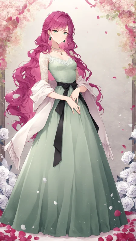 masterpiece, amazing quality, best quality, penelope eckhart, 1girl, small breasts, mature female, pink hair, green eyes, bangs, wavy hair, long hair, full body, standing, shawl, abstract background, petals, flower, white rose, green dress, ribbon, earrings, necklace, light smile, <lora:penelope_eckhart-illustrious-v-1:0.8>