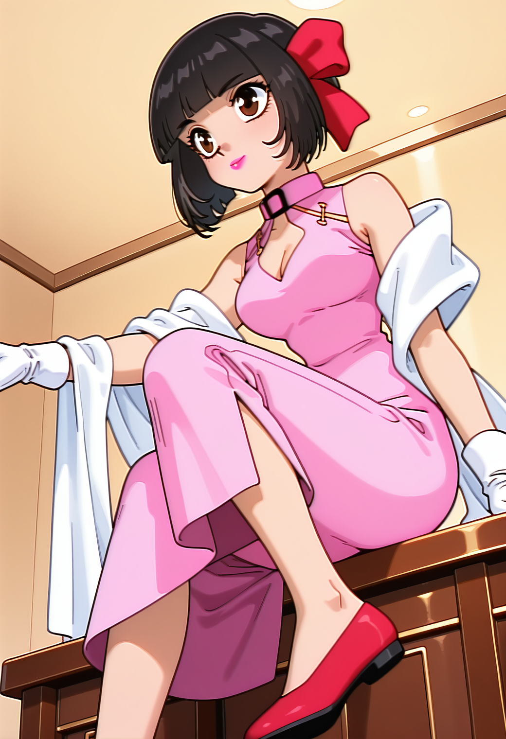 masterpiece, best quality, amazing quality, 1girl, solo, 1990s \(style\), retro_artsryle, anime coloring,
<lora:kazusa_lot8ds_v02:0.9>, kazusa_china, black hair, short hair, bob cut, blunt bangs, brown eyes, lipstick,
hair ribbon, red ribbon, bare shoulders, pink dress, chinese clothes, sleeveless, cleavage cutout, white shawl, white gloves, red flats,
(smile:0.7), posing