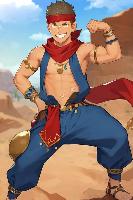 score_9, score_8_up, score_7_up,<lora:Rook10:0.8>, 1boy, solo, rook, short hair, brown hair, yellow eyes, thick eyebrows, scar, scar on face, red headband, jewelry, open clothing, desert clothing, open chest, scarf, bracelet, genie pants, open leg, open pants, dark blue clothing, red clothing, , open legs, looking at viewer, smirk, outdoors, flexing,