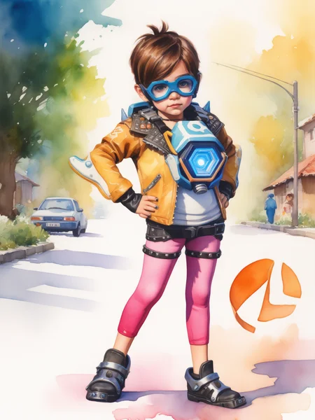 watercolor painting a little girl dressed as tracer person<lora:overwatch-000007:0.7>, handmade, delicate, impressionistic, bright, vivid, colorful, highly detailed