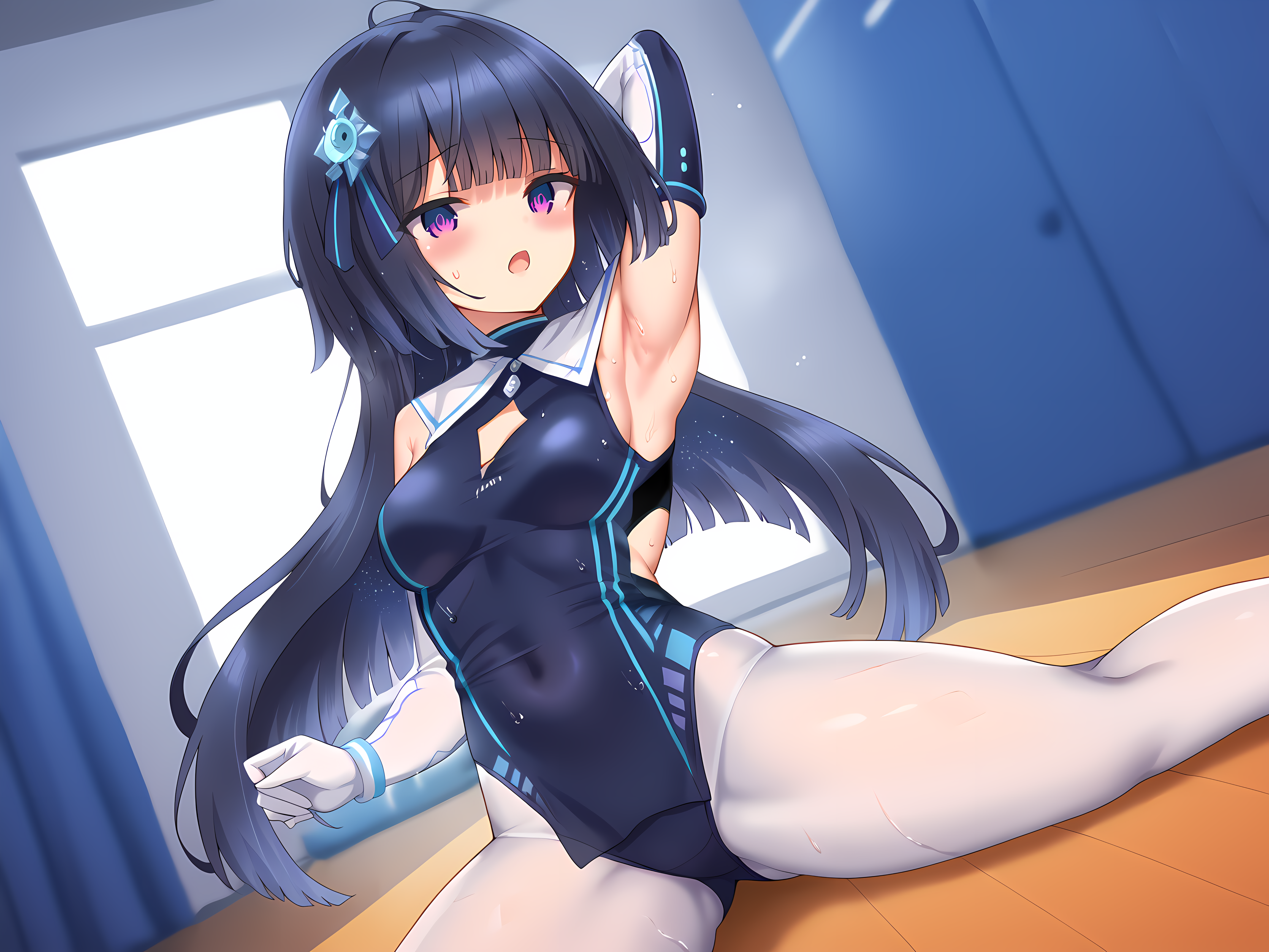 shimo,selenoxia,black hair,long hair,purple eyes,multicolored eyes,medium breasts,blush,sweat,<lora:Selenoxia_-_Shizuha_-_Shimobashira_Workshop>,open mouth,indoors,room,stretching, elbow gloves, exercise,, score_9, score_8_up, score_7_up,source_anime,(masterpiece),(best quality),(ultra-detailed),(best illustration),(best shadow),(absurdres),(detailed background),(very aesthetic),source_anime