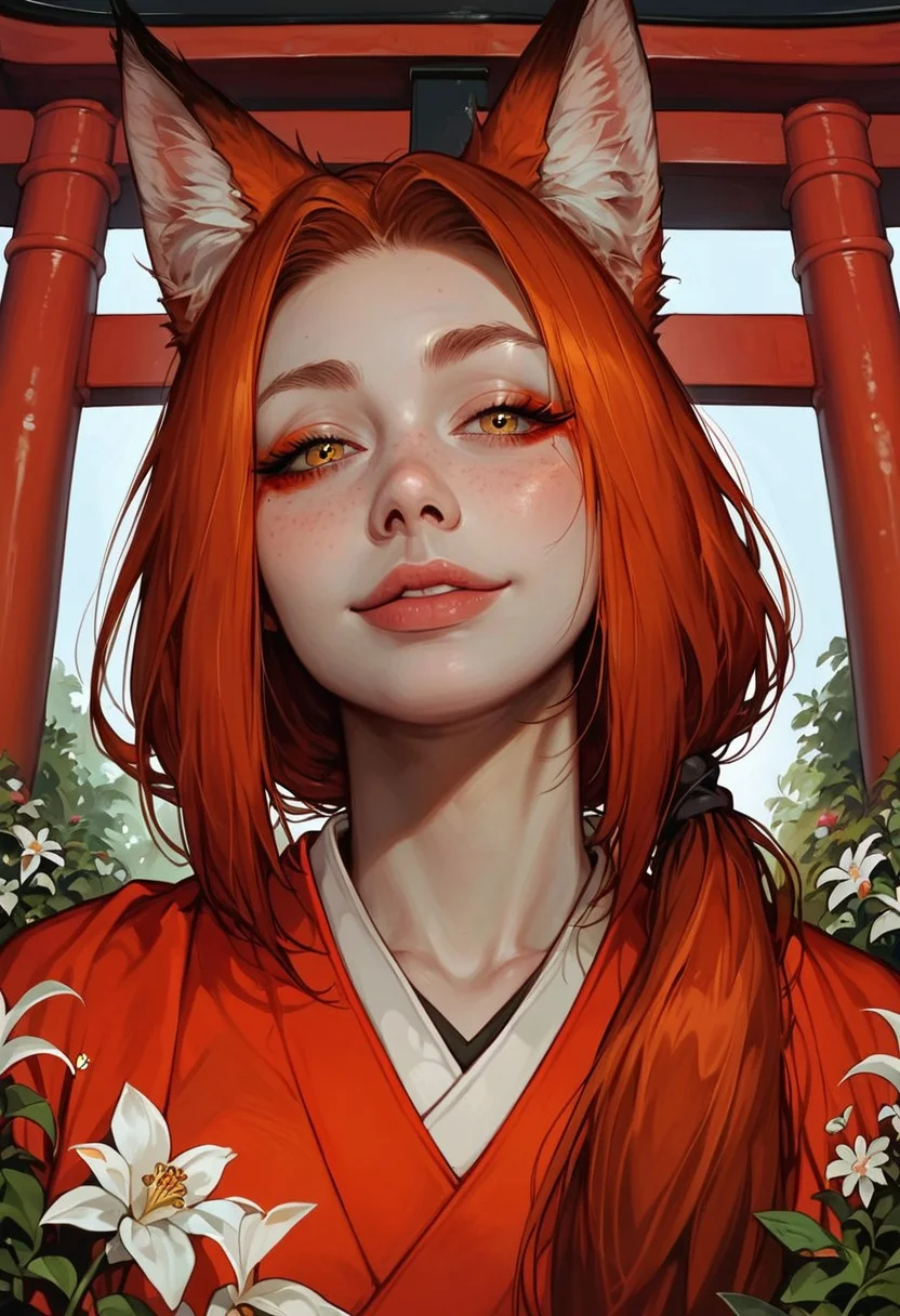 score_9_up, score_9, score_8_up, score_8, score_7_up, score_7, cinematic lighting, raw, high quality, 4k resolution, absurdres, masterpiece, dynamic lighting, high contrast, morimee_style, detailed face, 
1girl, solo, (kitsune), (fox ears), (mature), ((((pale skin)))), (yellow eyes), ((red makeup)), ((redhead hair)), freckles on face, ((long hairs, low ponytail)), [[average breasts]], (excited), (arched eyebrow), (white japanese kimono), kneeling, (long nails), head tilt, ribbon in hairs, flower in hairs, looking at viewer, [[smirking]], (arched eyebrow),
close view, (below view), (Sakura, garden, flowers, torii gate)