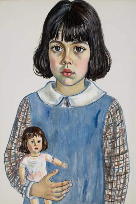 aliceneel2 painting.
aliceneel1. A young girl with dark hair styled in a bob with bangs is depicted with a solemn expression. She is dressed in a blue dress with a white collar and a checkered pattern on the sleeves. She holds a doll in her hand. <lora:aliceneel2_d8a4:1.0><lora:866321618568232751:0>