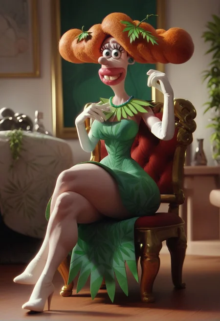 score_7_up, score_8_up, score_9_up, 1girl, solo, wg_tottington, orange hair, curly hair, makeup, big nose, big lips, big teeth, dress, white gloves, long gloves, leaf in hair, leaf necklace, leaf dress, green dress, full body, looking at viewer, smiling, wide hips, medium breasts, thick thighs, thin waist, interior, old manor, claymation, sitting in chair, legs crossed