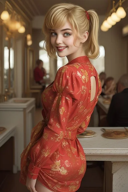masterpiece,best quality,ultra_detailed, bellissima, 1girl , smile, westwood style, haircut style twin tails, mini dress ,by Ellen von Unwerth
