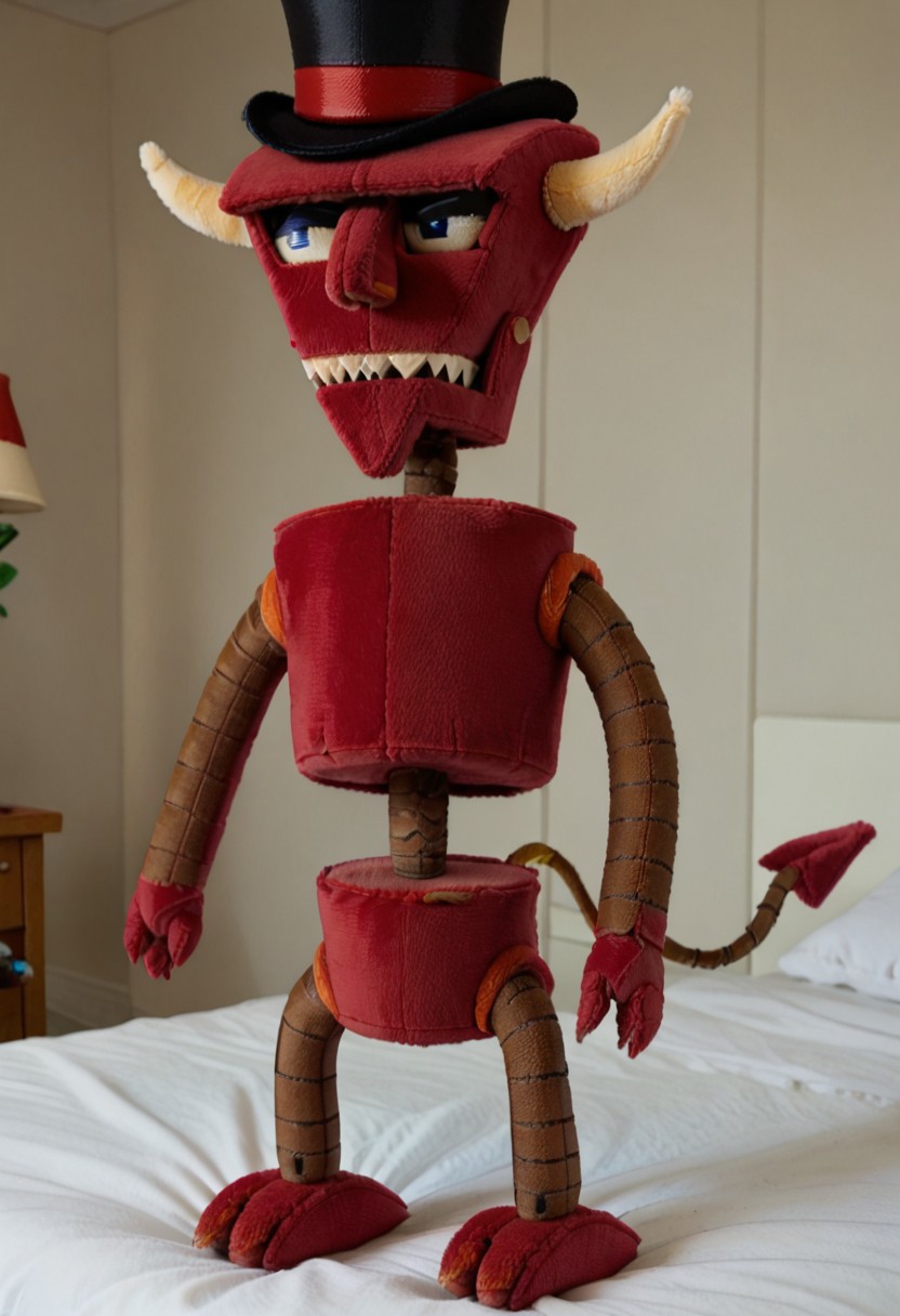 score_9, score_8_up, score_7_up, plushify, character stuffed toy, chibi, solo, plush version of a b33lz3b0t, robot,  solo, bed, half-closed eyes, top hat, cowboy shot, tail