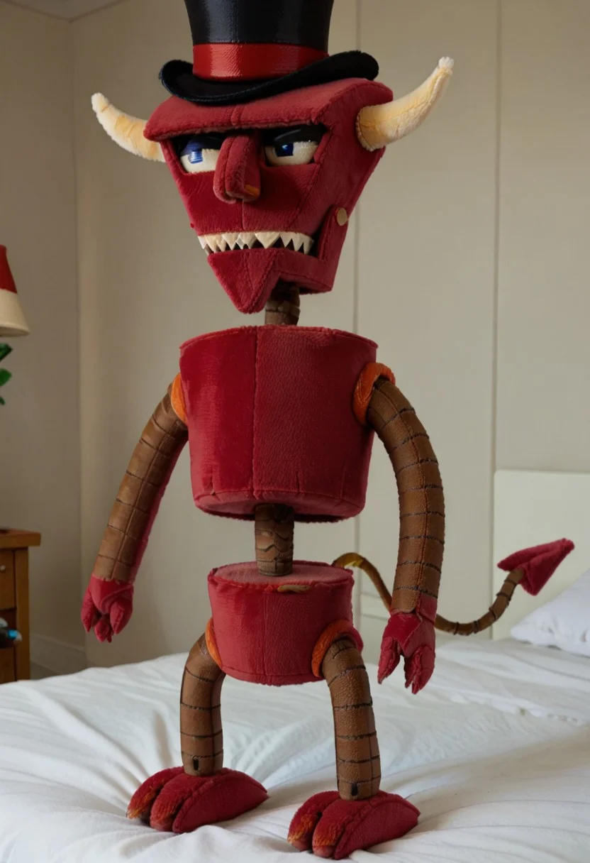 score_9, score_8_up, score_7_up, plushify, character stuffed toy, chibi, solo, plush version of a b33lz3b0t, robot, solo, bed, half-closed eyes, top hat, cowboy shot, tail