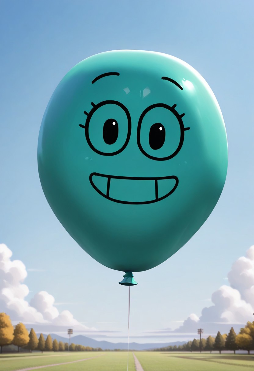 Alan Keane, teal skin, 1boy, solo, no humans, balloon, black eyes, smile, looking at viewer, sky, outdoors