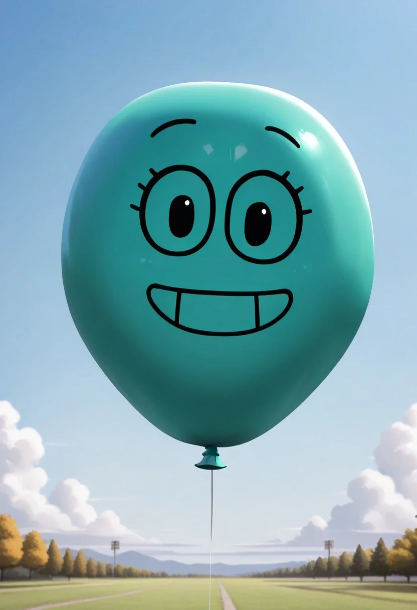 Alan Keane, teal skin, 1boy, solo, no humans, balloon, black eyes, smile, looking at viewer, sky, outdoors