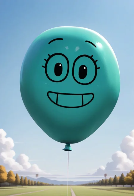 Alan Keane, teal skin, 1boy, solo, no humans, balloon, black eyes, smile, looking at viewer, sky, outdoors