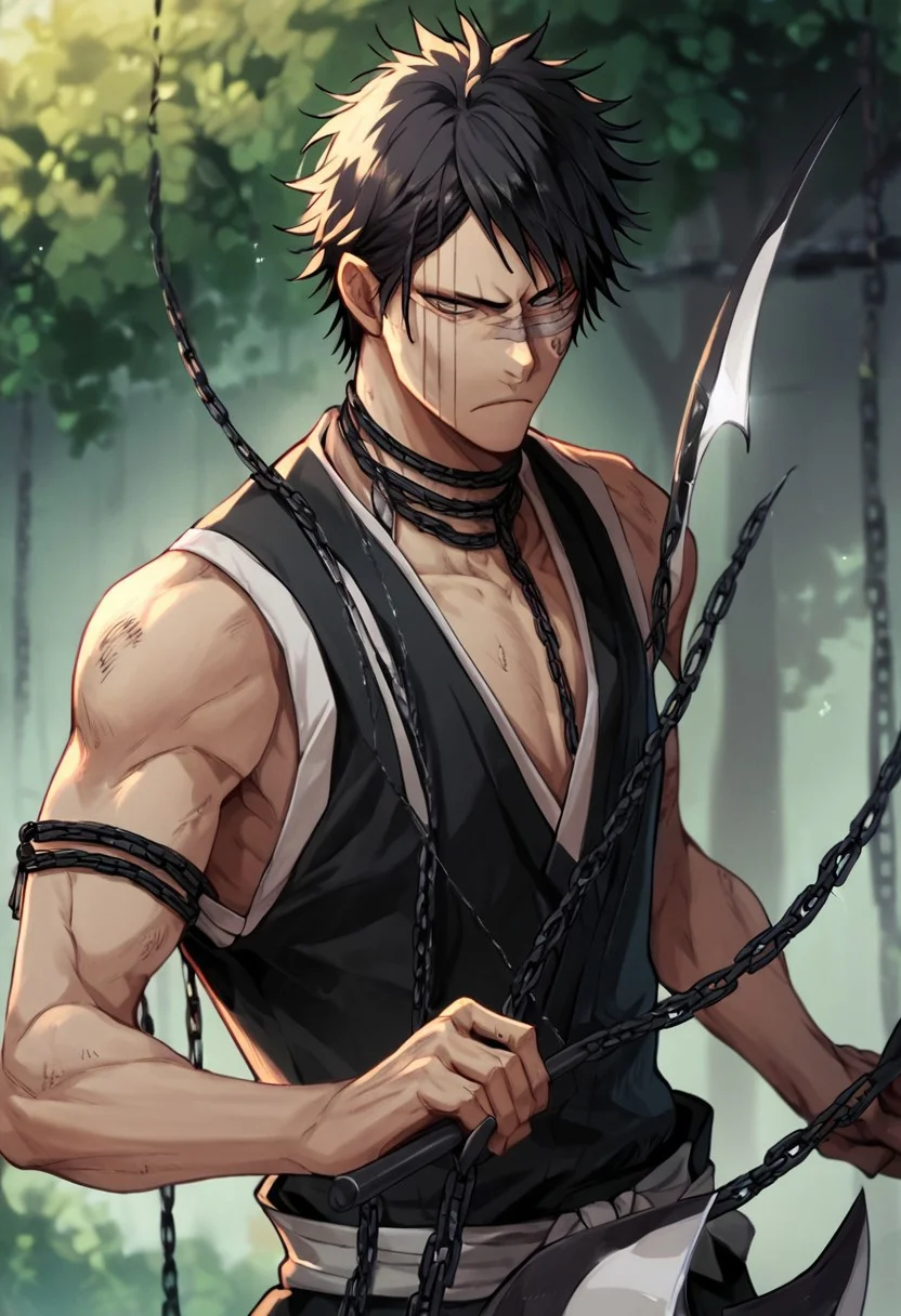 score_9, score_8_up, score_7_up, score_6_up, score_5_up, score_4_up, HisagiShuhei69, 1boy, upper body, black sleeveless Kimono, holding scythe and chain weapon