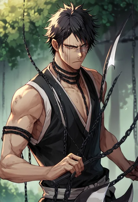 score_9, score_8_up, score_7_up, score_6_up, score_5_up, score_4_up, HisagiShuhei69, 1boy, upper body, black sleeveless Kimono, holding scythe and chain weapon